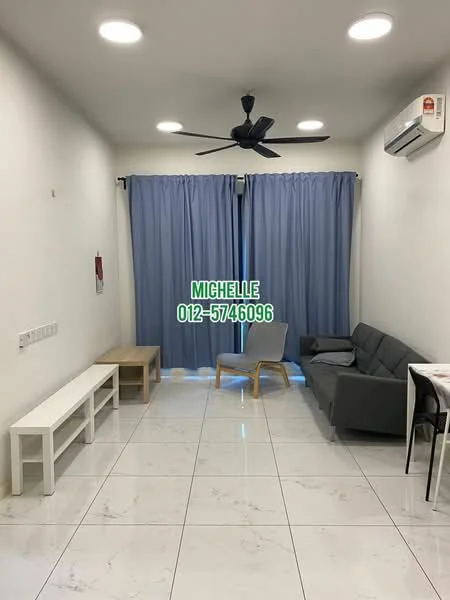 Living features: white painted walls, marble tile flooring, 5-blade ceiling fan with light, recessed downlights, grey fabric sofa, wooden coffee table, white console table, blue curtains, air conditioning unit; style: modern.