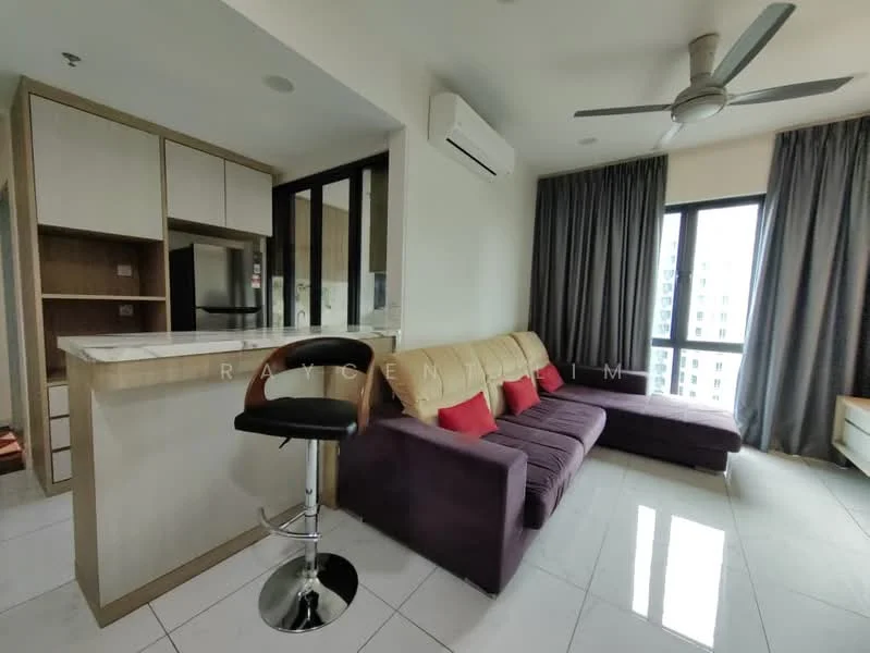 Living features: L-shape sectional sofa in beige and purple, bar stool with chrome base, white marble tile flooring, floor-to-ceiling windows, grey curtains, wall-mounted split AC, kitchenette with light wood cabinetry, countertop with breakfast bar, recessed downlights, decorative cushions in red; style: modern.