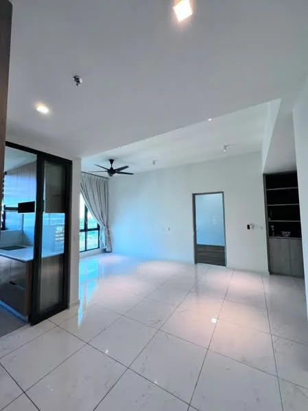 Living features: white painted walls, polished marble tile flooring, tray ceiling, 5-blade ceiling fan with light, floor-to-ceiling windows, sheer curtains, built-in shelving unit, recessed downlights; style: modern. Kitchen features: open layout, kitchen island, stainless-steel appliances; style: modern.