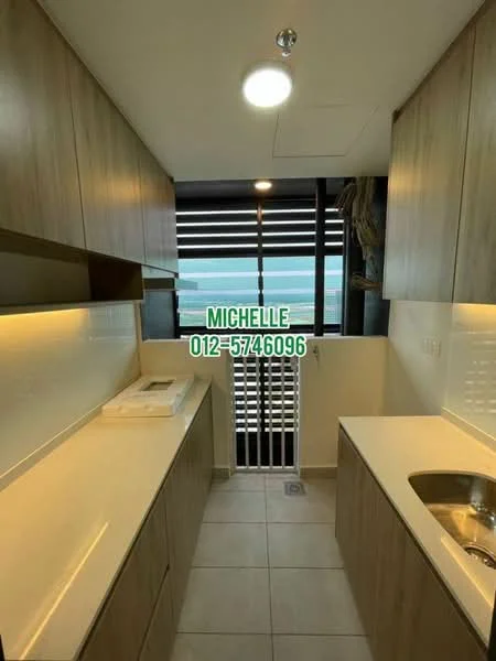 Kitchen features: light wood cabinetry, white quartz countertop, single-bowl stainless-steel sink, chrome pull-down faucet, built-in oven, ceramic tile flooring, recessed LED downlights, floor-to-ceiling windows, window treatments, kitchen island, open shelving; style: modern; view: sea.