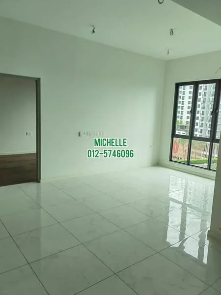 Room features: white painted walls, glossy marble tile flooring, large floor-to-ceiling windows, natural light, recessed ceiling lights, open layout, view of outdoor space, neutral color palette; style: modern; view: garden.