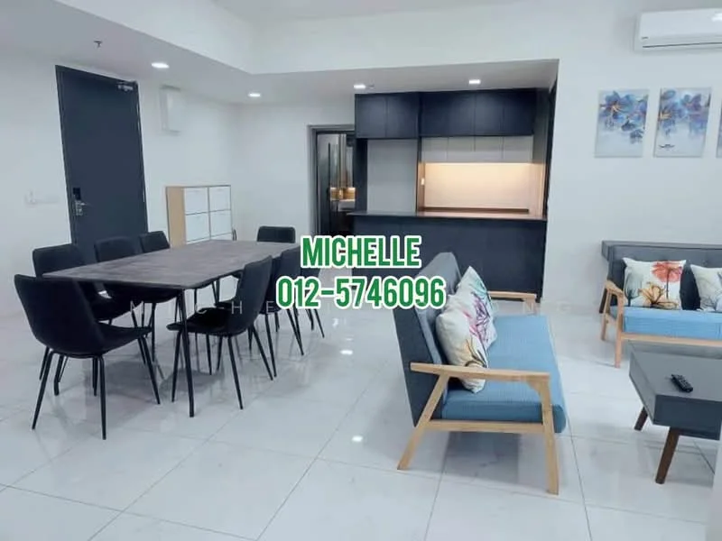 Living features: white walls, glossy white tile flooring, recessed downlights, sofa with light blue cushions, wooden coffee table, dining table with 6 black chairs, open kitchen with dark cabinetry, framed artwork on walls, air conditioning unit; style: modern.
