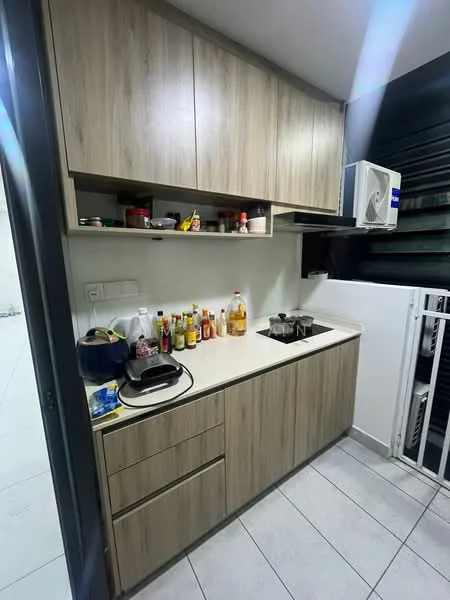 Kitchen features: laminate cabinetry in light wood finish, white countertop, built-in induction cooktop, stainless-steel sink, chrome faucet, wall-mounted air conditioning unit, open shelving, various condiments and kitchen appliances on countertop, tile flooring in light grey, white tiled backsplash; style: modern.
