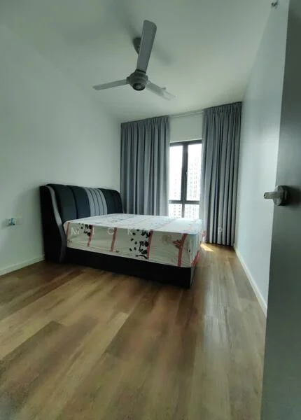 Bedroom features: queen-size bed, upholstered headboard, floor-to-ceiling windows, grey curtains, wooden flooring, 5-blade ceiling fan, white painted walls, decorative wall art; style: modern; view: city.