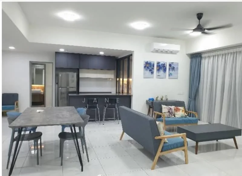 Living features: white painted walls, polished tile flooring, 5-blade ceiling fan with light, sofa with blue upholstery, coffee table with dark surface, dining table with grey surface, 4 dining chairs with blue upholstery, floor-to-ceiling windows, curtains in light blue, refrigerator, kitchen island with bar stools, wall-mounted split AC; style: modern.