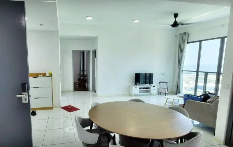 Living features: white painted walls, glossy tile flooring, 5-blade ceiling fan with light, floor-to-ceiling windows, wall-mounted TV, light-colored sofa, round dining table, upholstered dining chairs, decorative rug, open layout, natural light from windows, city view from windows; style: modern; view: city.