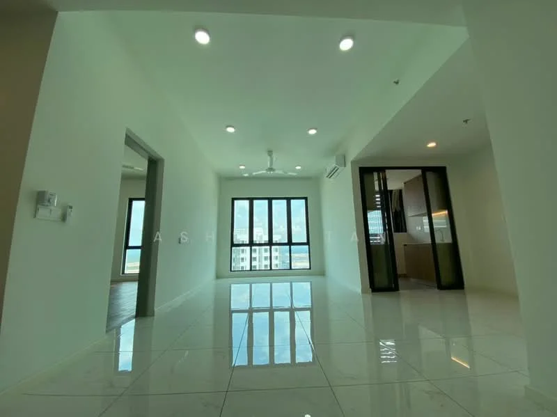 Room features: white painted walls, glossy white tile flooring, recessed downlights, 5-blade ceiling fan, floor-to-ceiling windows, sliding glass door, city view, air conditioning unit, open layout; style: modern; view: city.