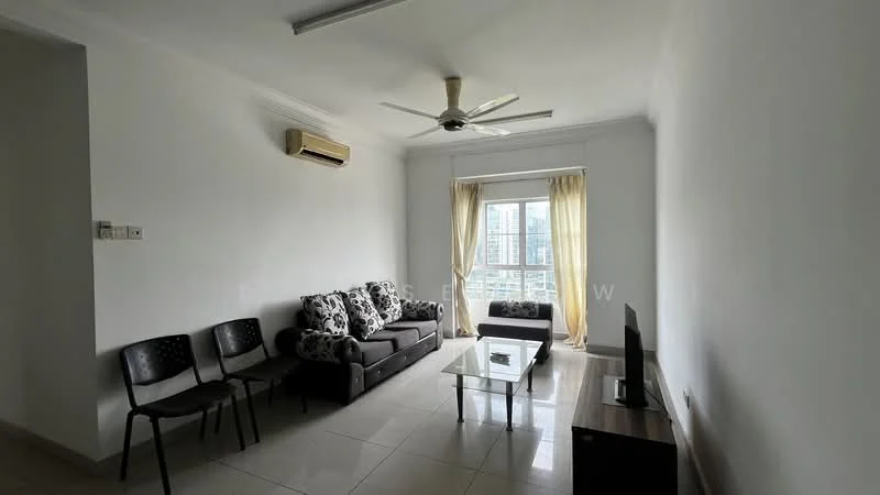 Living features: 3-seater fabric sofa with floral pattern, 2-seater fabric sofa with floral pattern, glass coffee table, wall-mounted TV, ceiling fan with light, wall-mounted split AC, floor-to-ceiling window, sheer curtains, white painted walls, tile flooring; style: modern; view: city.