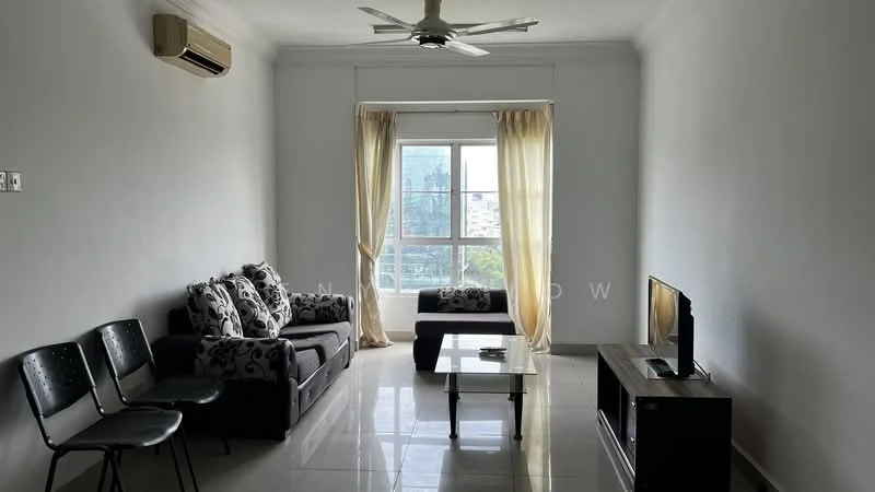 Living features: 3-seater fabric sofa in black, 2-seater fabric sofa with floral pattern, glass coffee table, TV console, wall-mounted TV, floor-to-ceiling window, sheer curtains, white painted walls, polished ceramic tile flooring, ceiling fan with light, air conditioning unit; style: modern; view: city.
