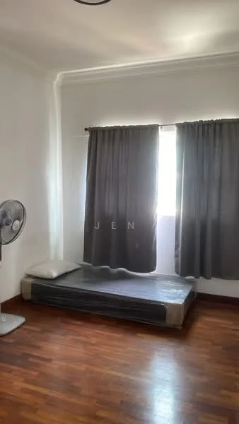 Bedroom features: wooden flooring, white painted walls, grey curtains, single bed mattress on platform, ceiling fan, window with natural light.