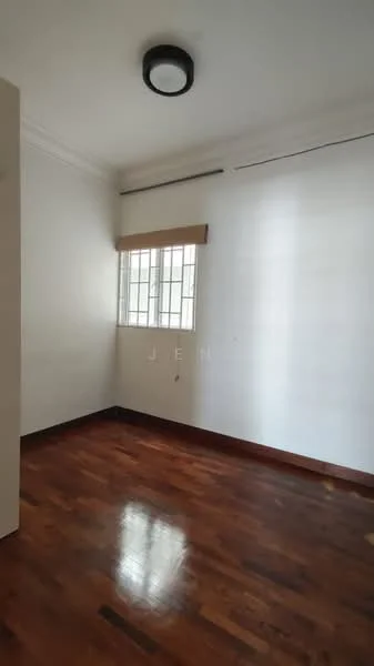 Room features: white painted walls, wooden flooring, single ceiling light fixture, window with metal grille, roller blinds.