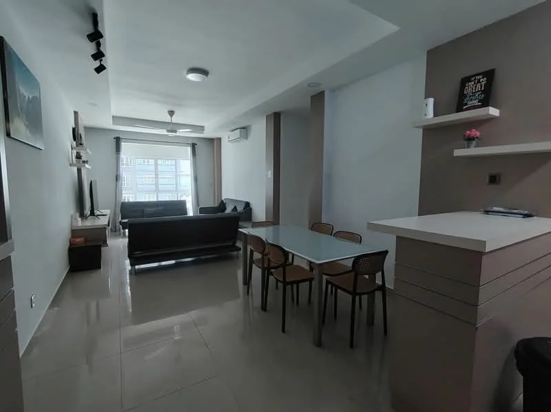 Living features: grey painted walls, white ceiling, recessed downlights, 5-blade ceiling fan with light, 3-seater black leather sofa, coffee table, wall-mounted TV, TV console, area rug, floor-to-ceiling windows with sheer curtains, sliding glass door, dining table with 6 chairs; style: modern; view: city.