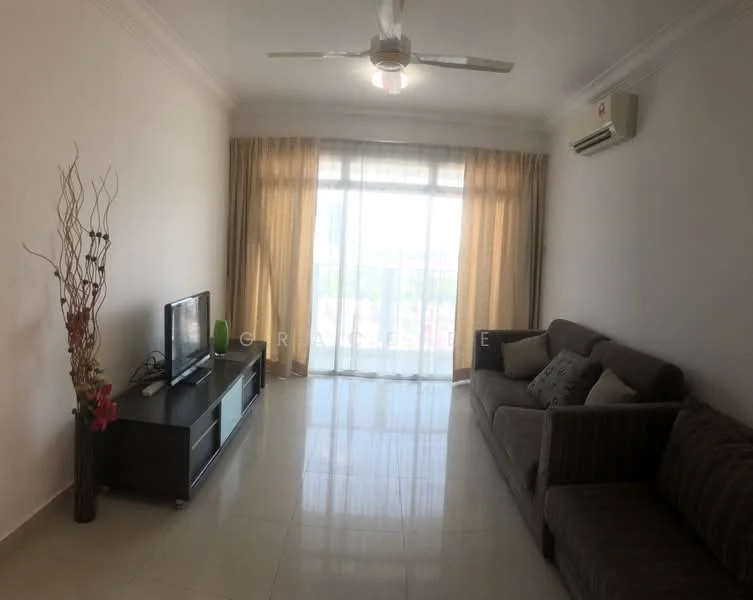Living features: light-coloured painted walls, glossy tile flooring, 5-blade ceiling fan with light, floor-to-ceiling windows, sheer curtains, sofa in grey fabric, coffee table, TV console, wall-mounted TV, decorative plant in ceramic pot, air conditioning unit; style: modern; view: city.