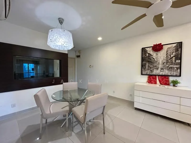 Dining features: round glass dining table, 4 upholstered dining chairs, white sideboard, framed artwork on wall, ceiling fan with light, white pendant light, grey tiled flooring, wall-mounted mirror; style: modern. Living features: wall-mounted TV, dark wood feature wall, light-colored walls, air conditioning unit; style: modern.