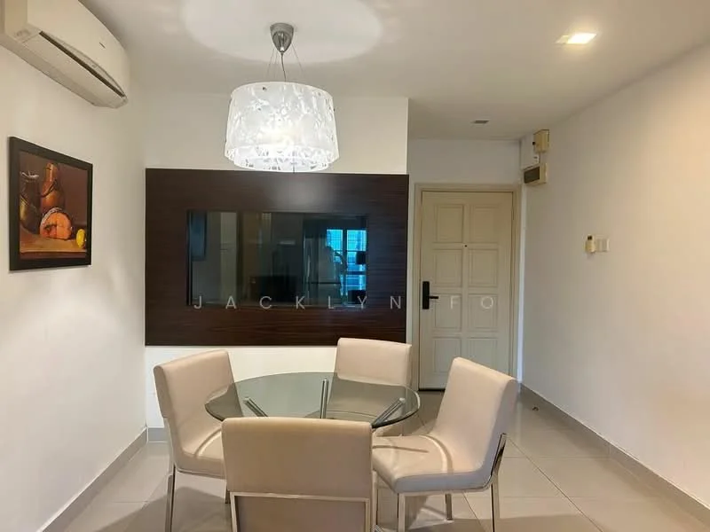 Dining features: glass dining table, 4 upholstered dining chairs, wall-mounted TV, wood feature wall, framed artwork, recessed ceiling lights, split air conditioning unit, white painted walls, grey tile flooring; style: modern.