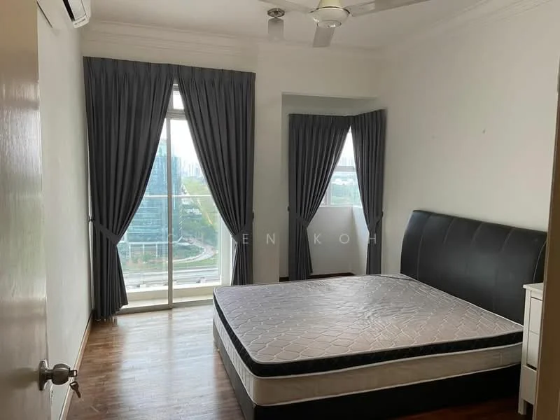 Bedroom features: king-size bed, upholstered headboard, floor-to-ceiling windows, grey curtains, wooden flooring, ceiling fan, white painted walls, nightstand, decorative wall trim; style: modern; view: city.