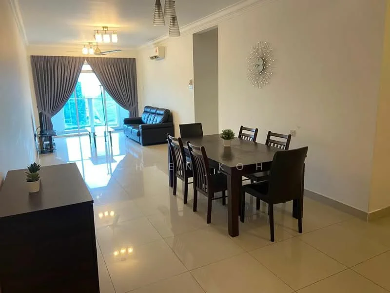 Dining features: 6-seater dining table, black dining chairs, white walls, tile flooring, recessed ceiling lights, wall clock, decorative mirror, plant in ceramic pot; style: modern. Living features: 3-seater black leather sofa, floor-to-ceiling windows, curtains, air conditioning unit, coffee table, area rug; style: modern; view: city.