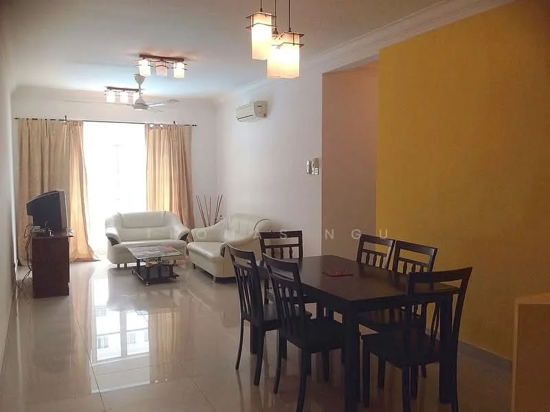 Living features: white walls, cream sofa, 3-seater sofa, 2-seater sofa, glass coffee table, TV console, wall-mounted TV, 5-blade ceiling fan, recessed downlights, curtains, polished tile flooring, air conditioning unit; style: modern. Dining features: black dining table, 4 dining chairs, yellow accent wall, polished tile flooring; style: modern.