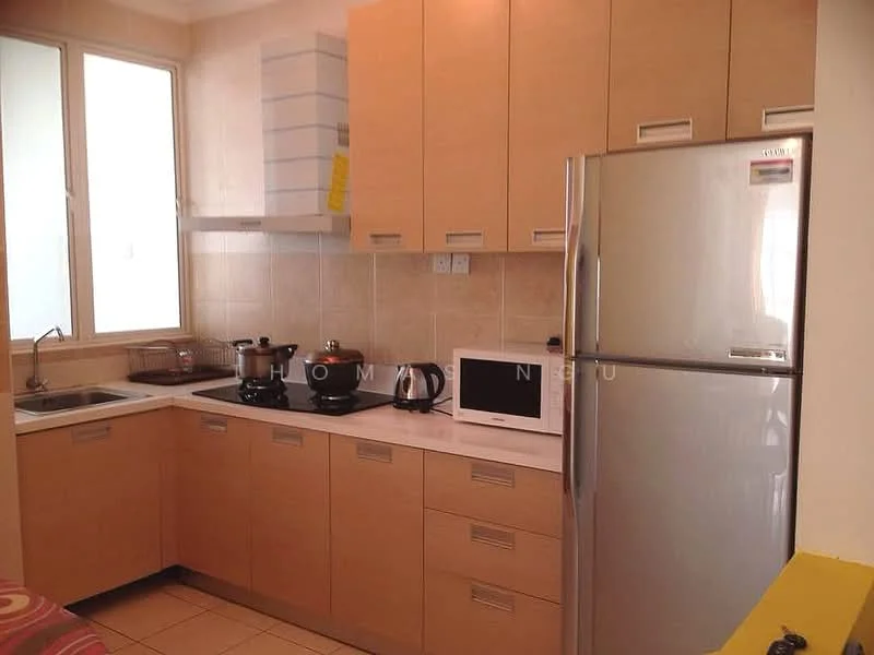 Kitchen features: light wood cabinetry, white countertop, stainless-steel fridge, built-in microwave, ceramic tile flooring, double-bowl stainless-steel sink, chrome pull-down faucet, stainless-steel gas hob, exhaust hood, kettle, cooking pots, wall-mounted cabinets, window with natural light; style: modern.