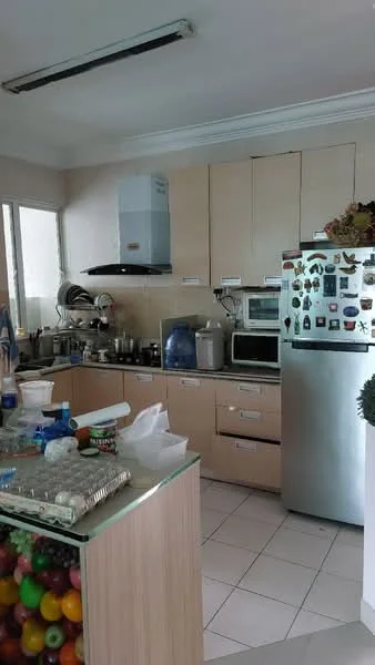 Kitchen features: light wood cabinetry, stainless-steel fridge, built-in microwave, freestanding oven, ceramic tile flooring, white walls, exhaust hood, countertop with glass display, sink, kitchen utensils and appliances visible, window with natural light, refrigerator with magnets; style: modern.