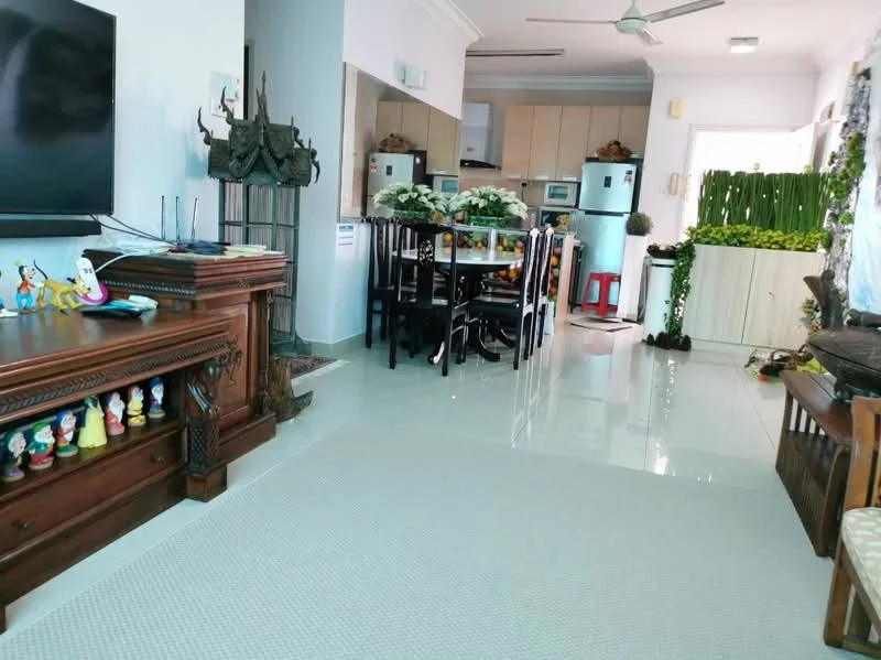 Living features: white painted walls, glossy tile flooring, 5-blade ceiling fan, wall-mounted TV, wooden TV console, decorative figurines on console, area rug, large window with natural light; style: modern. Kitchen features: white cabinetry, stainless-steel fridge, built-in oven, 4-burner gas hob, kitchen island, countertop with plants, open shelving, tile backsplash; style: modern.
