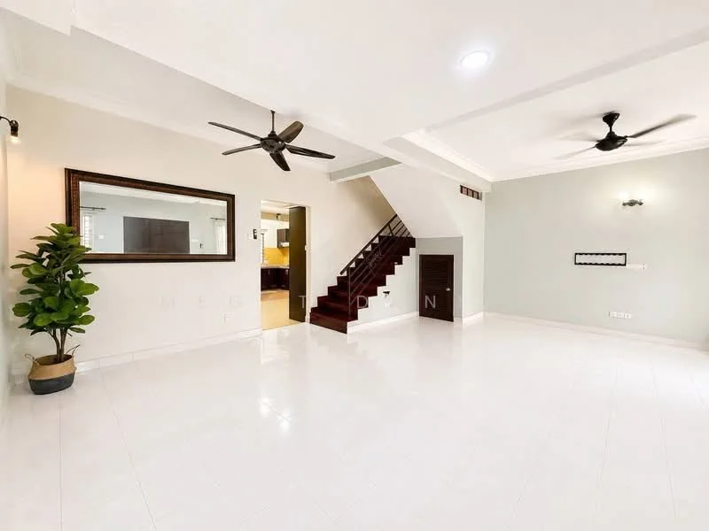 Living features: white tiled flooring, light grey painted walls, crown moulding, 5-blade ceiling fan with light, 2 ceiling fans, large mirror on wall, staircase with wooden steps, plant in ceramic pot, wall-mounted panel, recessed lighting; style: modern.
