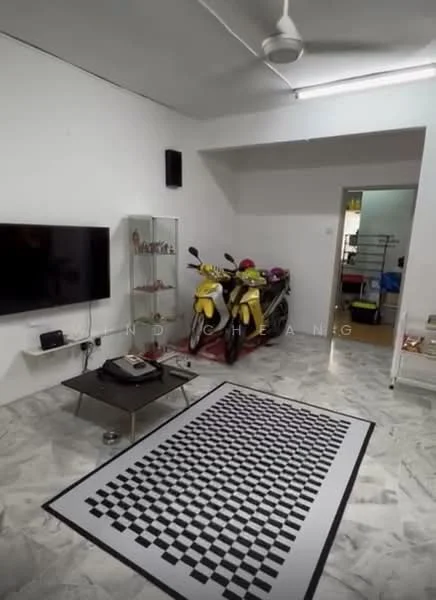 Living features: marble flooring, white painted walls, ceiling fan, wall-mounted TV, glass display cabinet, black and white checkered area rug, two motorcycles, coffee table; style: modern.