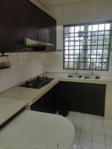 Kitchen features: black cabinetry, white countertop, double-bowl stainless-steel sink, chrome pull-down faucet, 4-burner gas hob, exhaust hood, white tiled walls, white tiled flooring, grid-patterned windows, open shelving, kitchen island with curved edge; style: modern; view: garden.