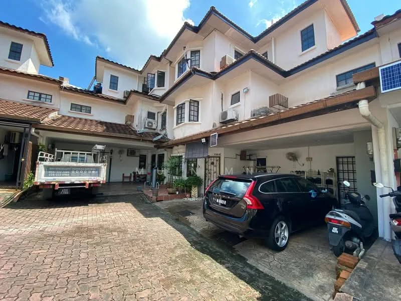 Exterior type: linked terrace house; features: two-storey building, brown tiled roof, white painted facade, multiple air conditioning units, driveway with interlocking pavers, car porch with space for two vehicles, garden area with plants, visible outdoor seating area, decorative wall features, windows with black frames; style: modern.