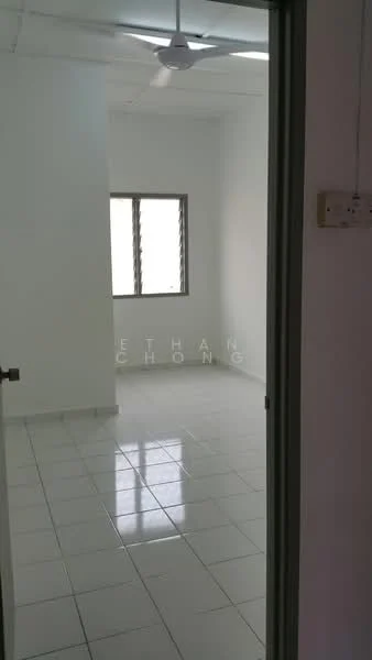 Room features: white painted walls, glossy white floor tiles, ceiling fan, window with horizontal slats, natural light from window.