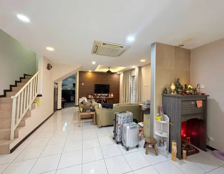 Living features: white painted walls, glossy tile flooring, ceiling with recessed downlights, wall-mounted TV, sofa in light beige, coffee table, decorative fireplace, air conditioning unit, staircase with wooden railing, decorative items on shelves, window with curtains, open layout to adjacent room; style: modern.