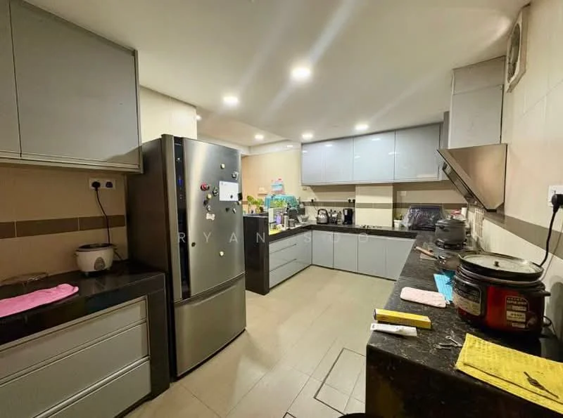 Kitchen features: grey flat-panel cabinets, black granite countertop, stainless-steel fridge, built-in oven, freestanding range oven, microwave, kettle, toaster, sink, chrome pull-down faucet, tile backsplash, recessed LED downlights, wall-mounted exhaust hood, ceramic tile flooring; style: modern.