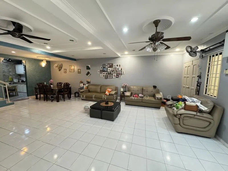 Living features: white painted walls, tray ceiling with recessed lighting, white tiled flooring, 2-seater leather sofa in beige, 3-seater fabric sofa in grey, coffee table, ceiling fan with light, wall-mounted TV, decorative wall with family photos, area rug, dining table with 4 chairs, open layout to kitchen, window treatments, air conditioning unit; style: contemporary.