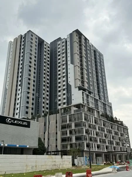 Exterior type: high-rise condominium; features: glass curtain wall, grey and white painted facade, recessed balconies, multiple storeys, landscaped podium, parking area, modern architectural design; style: contemporary.