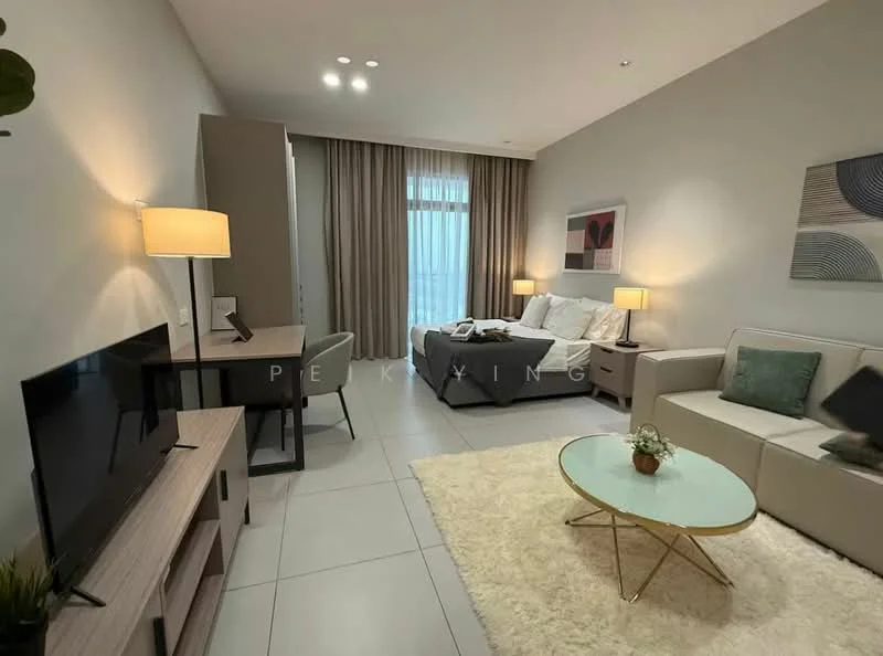 Living features: grey sectional sofa, white armchair, glass coffee table, TV console, wall-mounted TV, desk with chair, table lamp, area rug, curtains, decorative wall art, potted plant, recessed ceiling lights, white painted walls, tile flooring; style: modern.