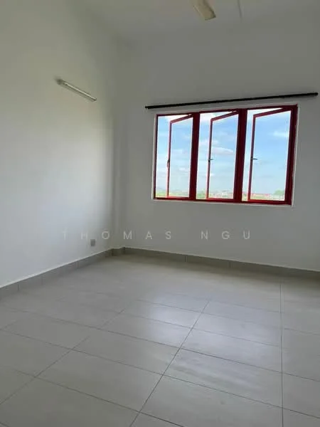 Room features: white painted walls, grey tiled flooring, red framed windows, ceiling fan, natural light from windows, unfurnished space.