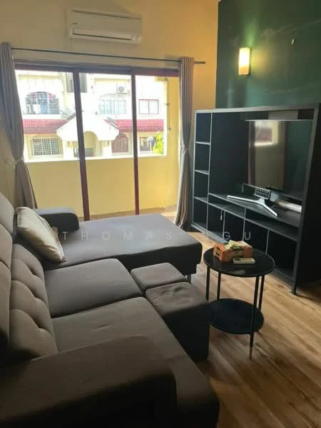 Living features: grey fabric sectional sofa, black coffee table, wall-mounted TV, black TV console, floor-to-ceiling windows, curtains, wooden flooring, air conditioning unit, decorative wall sconce; style: modern.