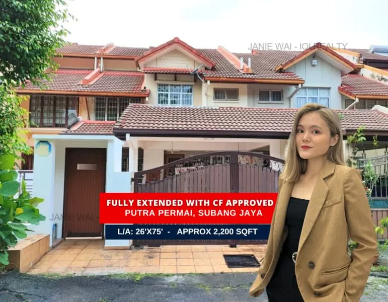 Exterior type: linked terrace house; features: red tiled roof, cream painted facade, front porch with tiled flooring, metal gate, brick wall fencing, manicured garden, two-storey structure, multiple windows, balcony on upper floor, driveway, surrounded by greenery; style: modern.