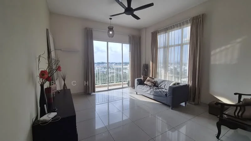 Living features: grey fabric sofa, floor-to-ceiling windows, sheer curtains, light-colored walls, polished tile flooring, ceiling fan, decorative wall art, wooden side table, decorative vase with flowers, TV console, natural light, view of the outdoors; style: modern; view: city.