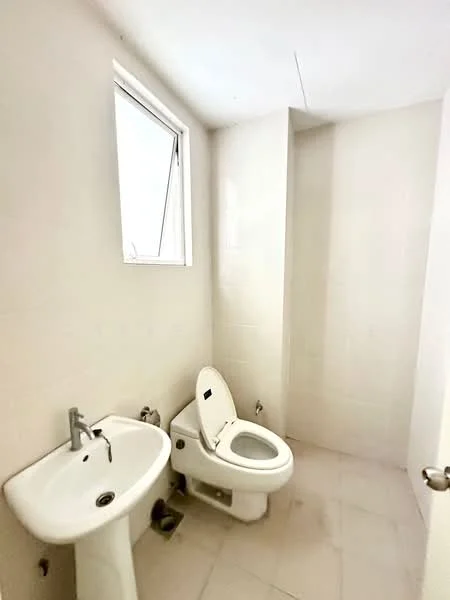 Bathroom features: white tiled walls, white tiled flooring, single-sink vanity with chrome faucet, one-piece toilet, window for natural light, shower area with tiled walls, minimalist design; style: modern.