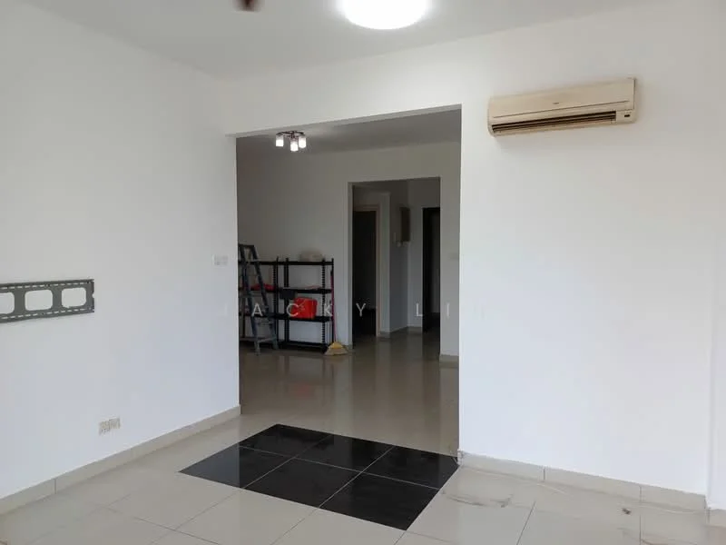 Room features: white painted walls, tile flooring in cream and black, ceiling light fixture, wall-mounted split AC, open layout, shelving unit, doorway leading to another room; style: modern.