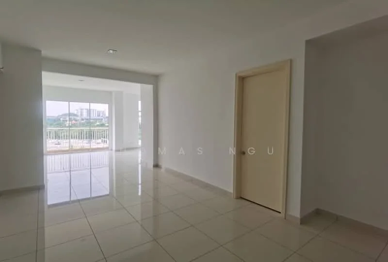 Room features: white painted walls, glossy ceramic tile flooring, recessed downlights, door leading to another room, large windows with view, open layout, balcony access, neutral color scheme; style: modern; view: city.