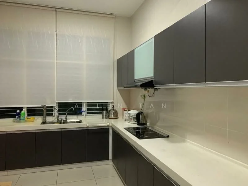 Kitchen features: dark cabinetry, white countertop, single-bowl stainless-steel sink, chrome pull-down faucet, built-in stove, built-in oven, ceramic tile flooring, window with sheer blinds, kettle, toaster, dishwasher, wall-mounted cabinet, open shelving; style: modern.