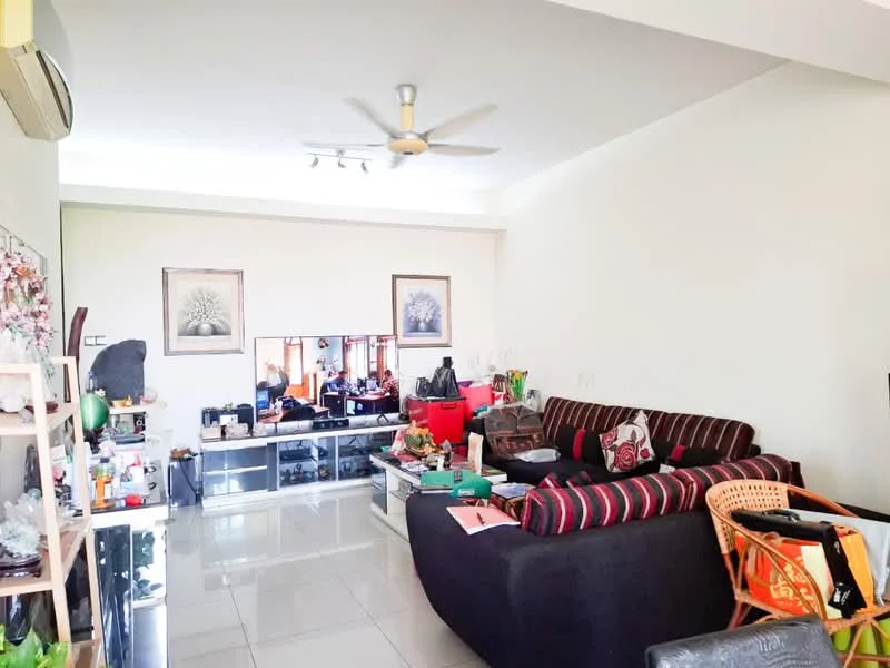 Living features: 3-seater fabric sofa in black and red stripes, 2-seater rattan sofa, coffee table, TV console, wall-mounted TV, decorative artwork on walls, ceiling fan, recessed downlights, glossy tile flooring, open shelving unit, houseplants in pots, various decorative items on shelves; style: contemporary.