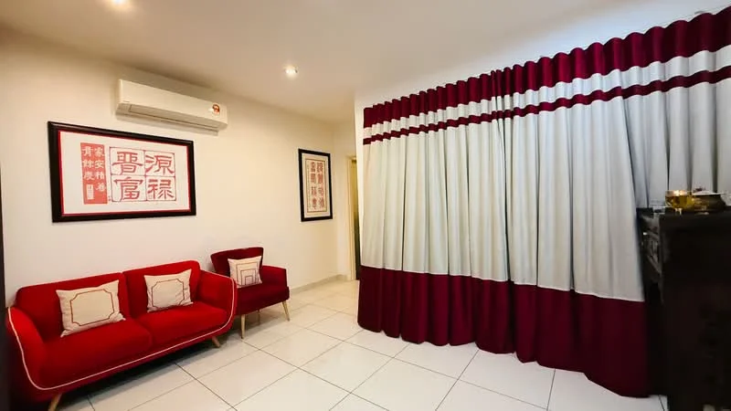 Living features: red fabric sofa with two seats, red accent chair, white walls, white tiled flooring, wall-mounted air conditioning unit, framed artwork on walls, curtains with red and cream colors, recessed lighting; style: modern.