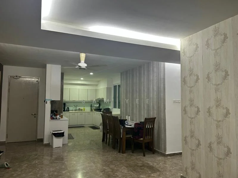 Living features: marble tile flooring, white painted walls, grey accent wall with wallpaper, 5-blade ceiling fan with light, dining table with chairs, kitchen area visible in background, recessed ceiling lighting, open layout; style: modern.