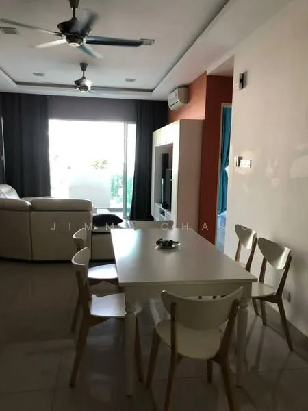 Dining features: white dining table, 4 white dining chairs, ceiling fan with light, wall-mounted TV, light grey sofa, large sliding glass door, curtains, tile flooring, air conditioning unit; style: modern.