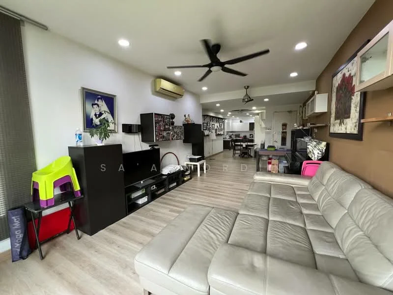 Living features: L-shape sectional sofa in light grey, 5-blade ceiling fan with light, wall-mounted TV, TV console, decorative wall shelves, artwork on walls, laminate flooring, air conditioning unit, large windows with sheer curtains, open layout to dining area, decorative plants, light fixtures, color accent wall in brown; style: modern.