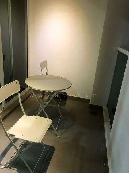 Room features: small round table, two folding chairs, light grey walls, tile flooring, floor-to-ceiling windows, neutral color scheme, minimalist decor; style: modern.