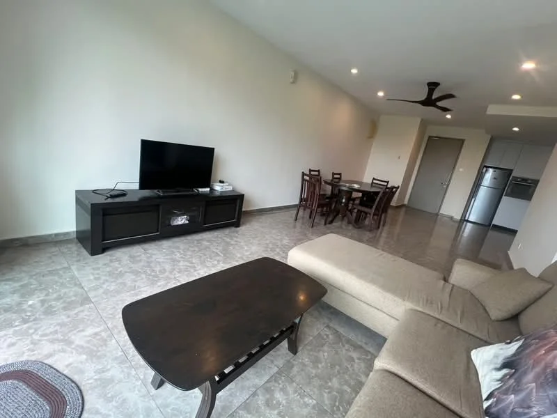Living features: 3-seater fabric sofa in beige, coffee table, TV console, wall-mounted TV, dining table for 6, wooden dining chairs, ceiling fan, recessed downlights, grey tile flooring, neutral painted walls; style: modern.